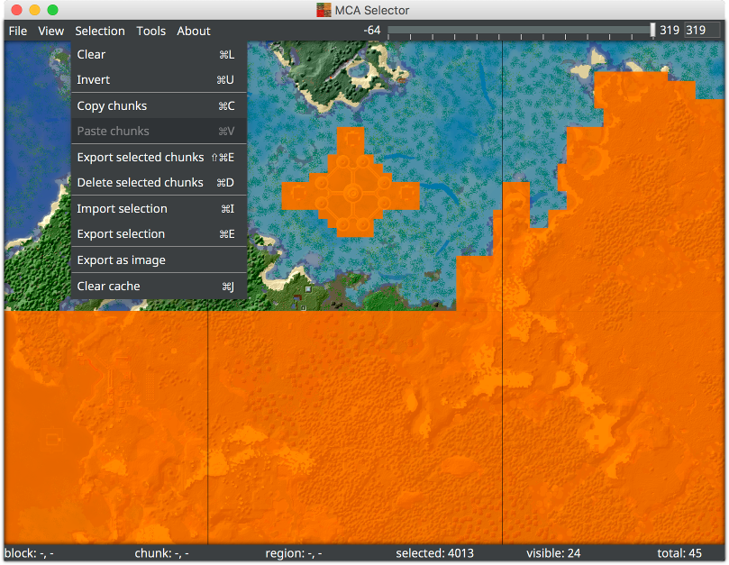 MCA Selector window showing chunk and region selections