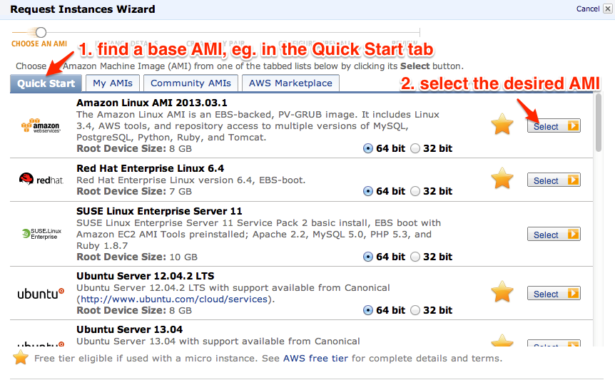 pick a base OS AMI from the quick start tab