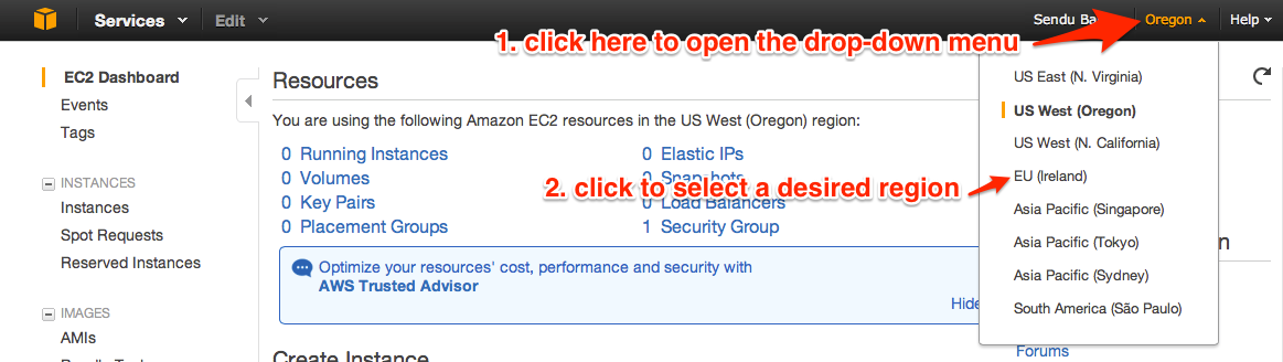 select an EC2 region