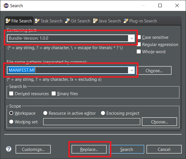 Search for the version numbers in all MANIFEST.MFs