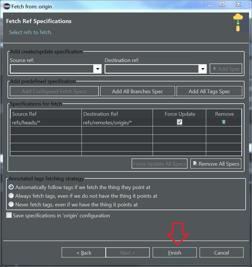 Screenshot of the Fetch Ref Specifications dialog