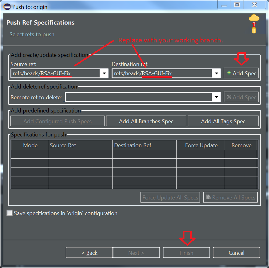 Screenshot of the Push Ref Specifications dialog