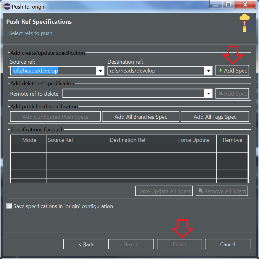 Screenshot of the Push Ref Specifaction dialog by updating the fork
