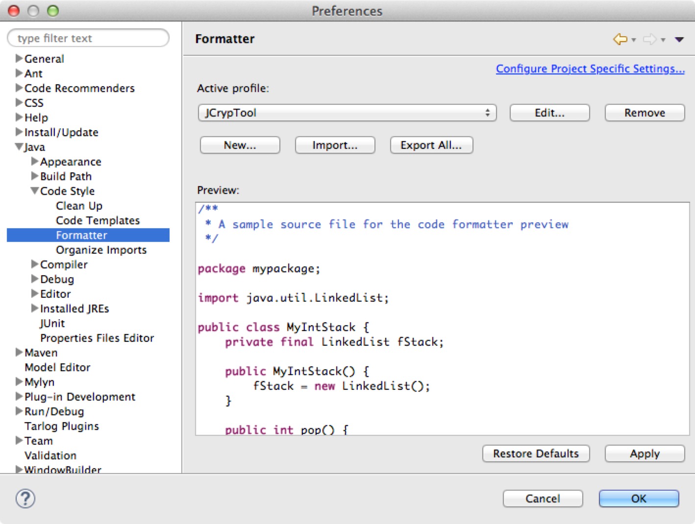 Configure the Eclipse code formatter to use the JCrypTool code style configuration