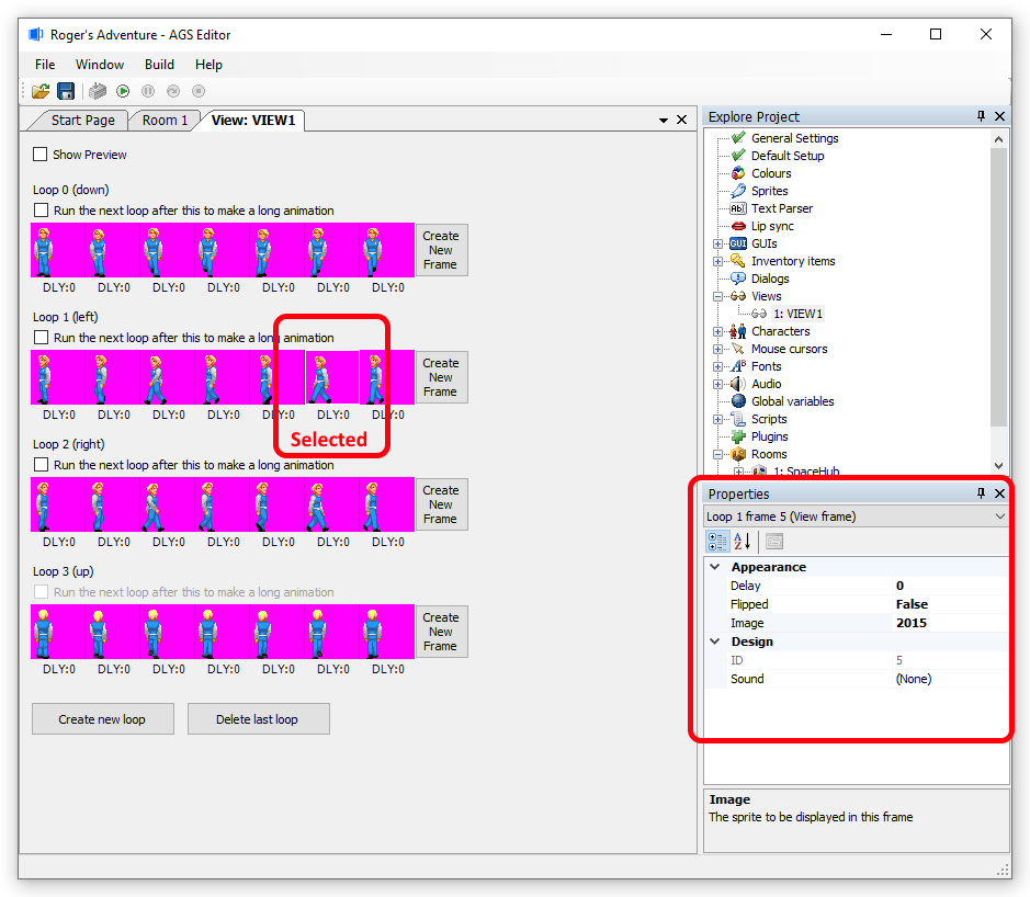 Property Grid showing frame properties