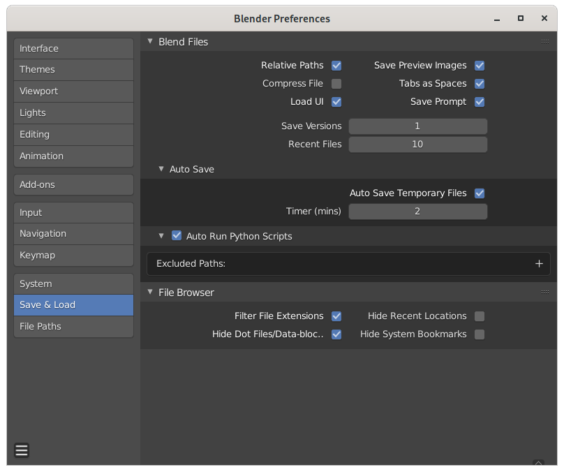 User preferences panel of Blender -- File tab