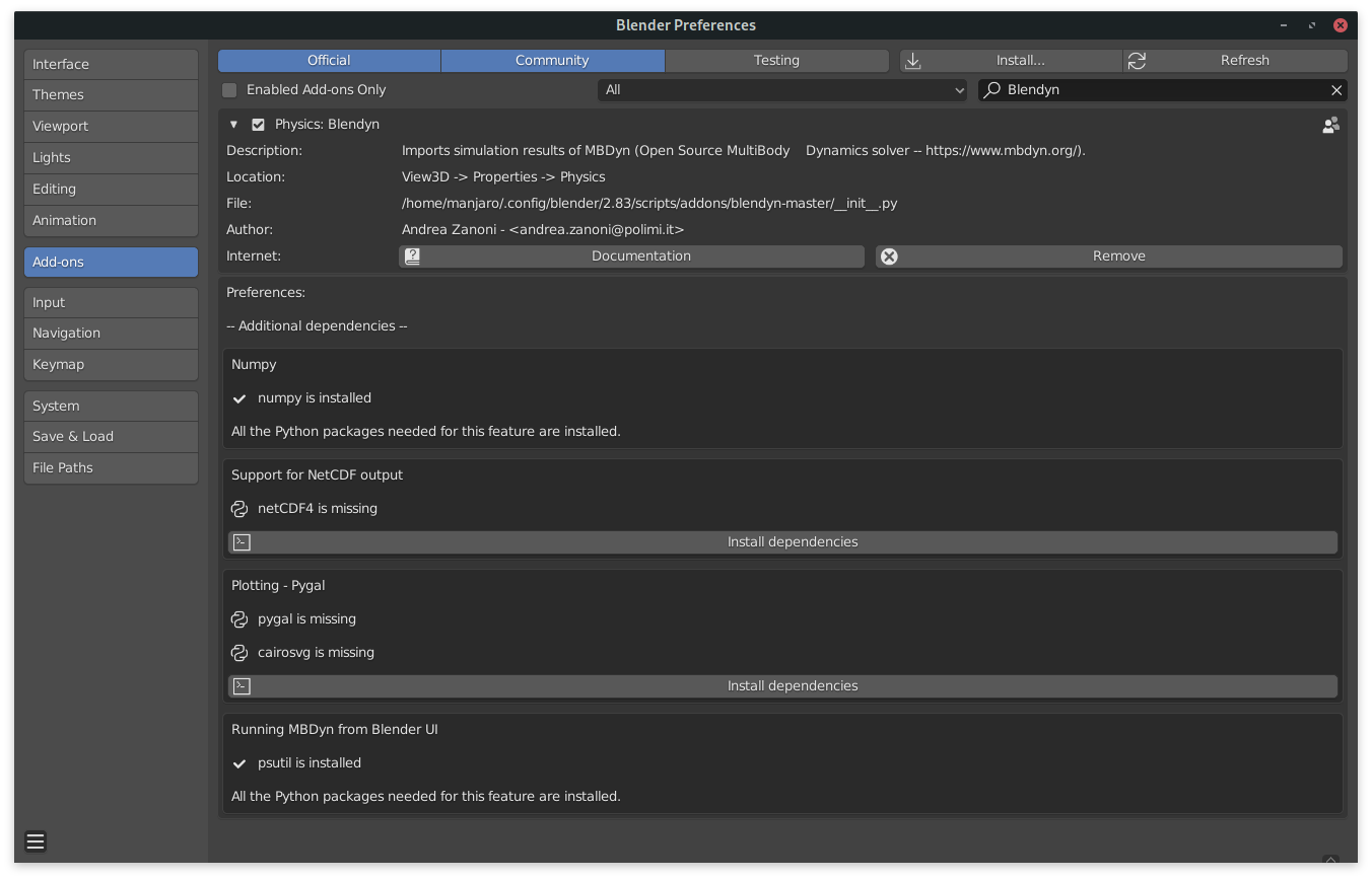 User preferences panel of Blender -- Addon Preferences